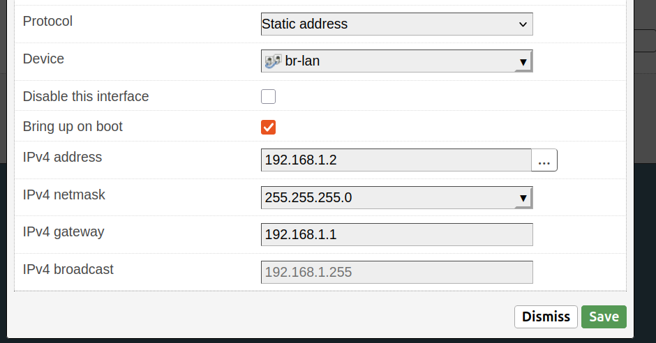 Screenshot of the LuCi OpenWrt UI. Updating the main IP of the device.