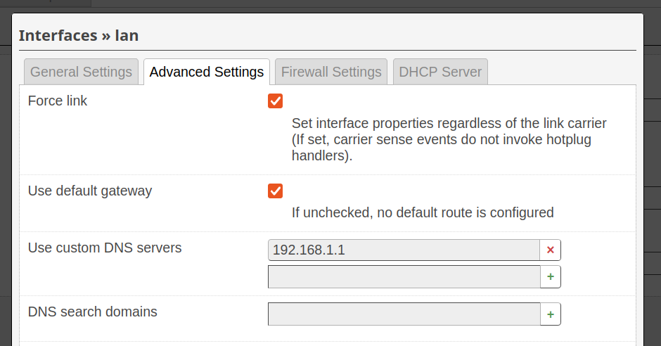 Screenshot of the LuCi OpenWrt UI. Updating the custom DNS to point to our OpenBSD router.