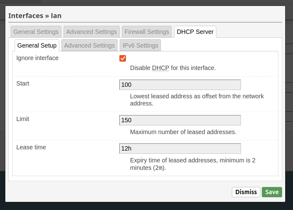 Screenshot of the LuCi OpenWrt UI. Disable DHCP on the access point itself.