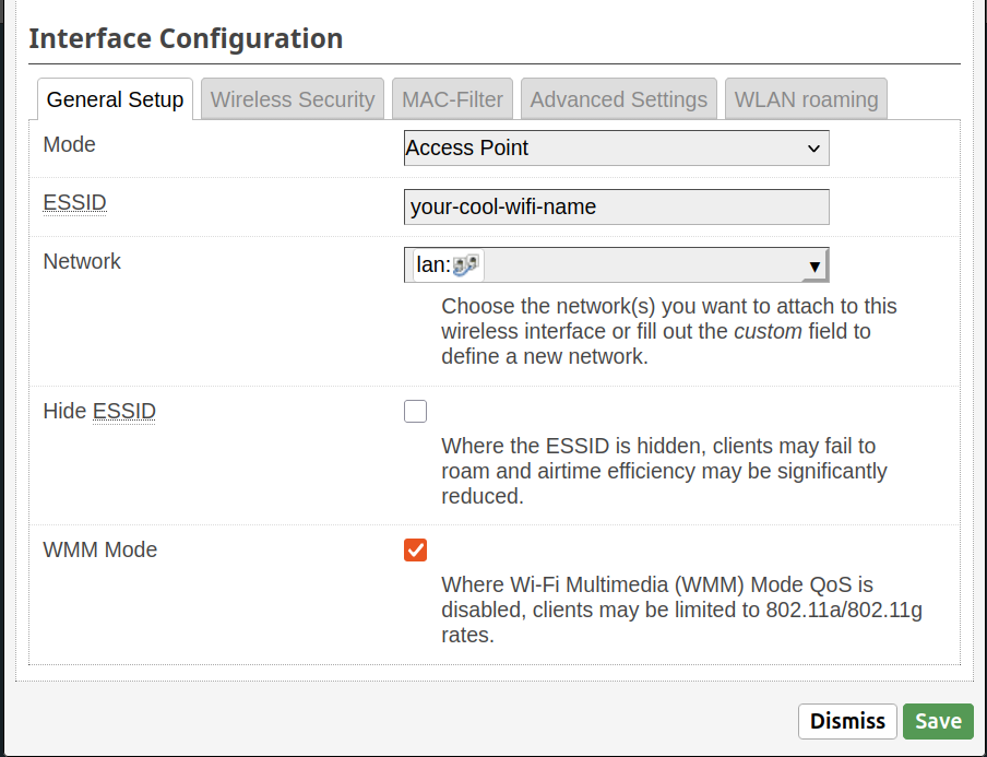 Screenshot of the LuCi OpenWrt UI. Configuring the wifi access point.