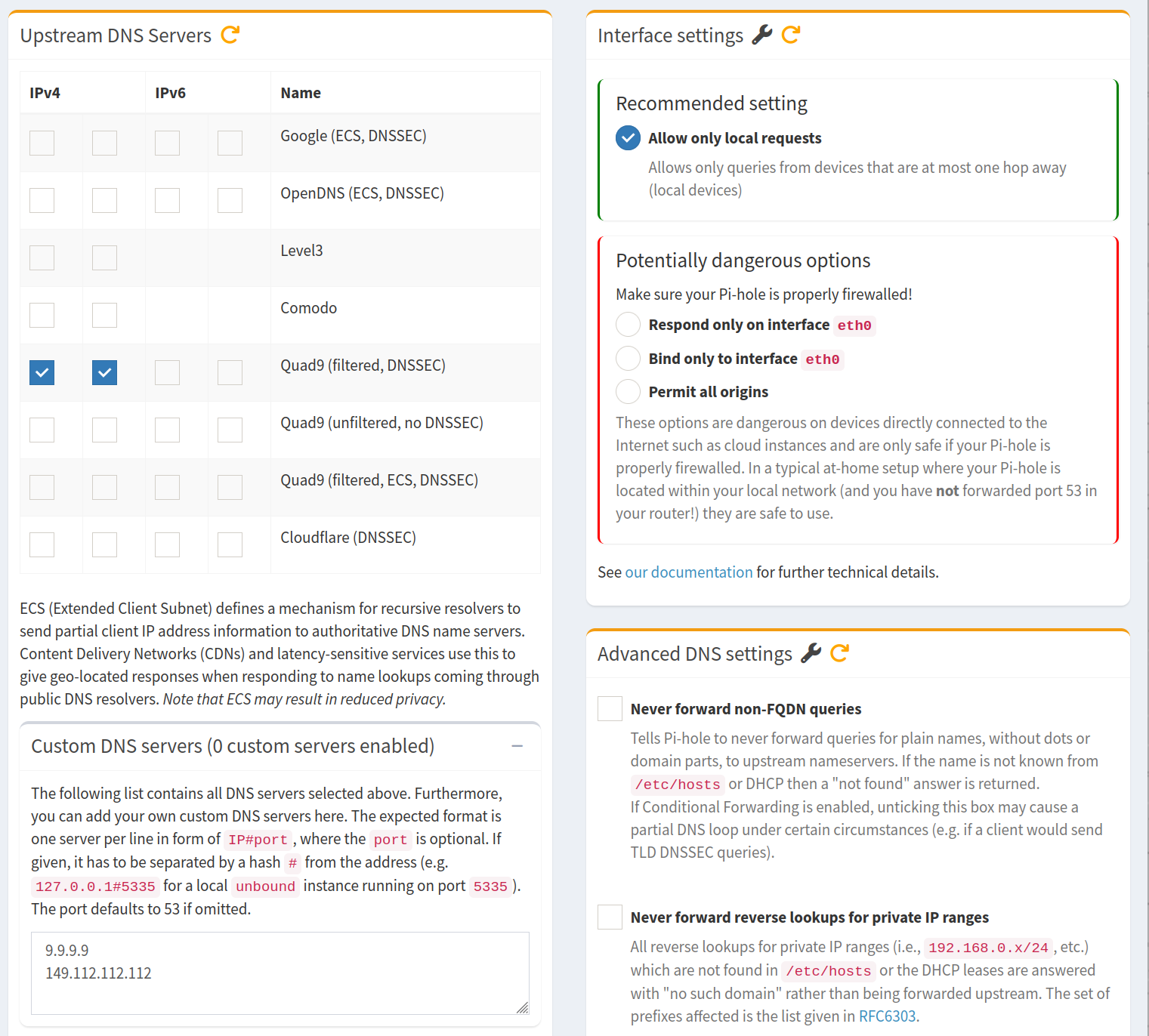 Screenshot of the Pi-hole Admin UI. Configuring the custom DNS settings.