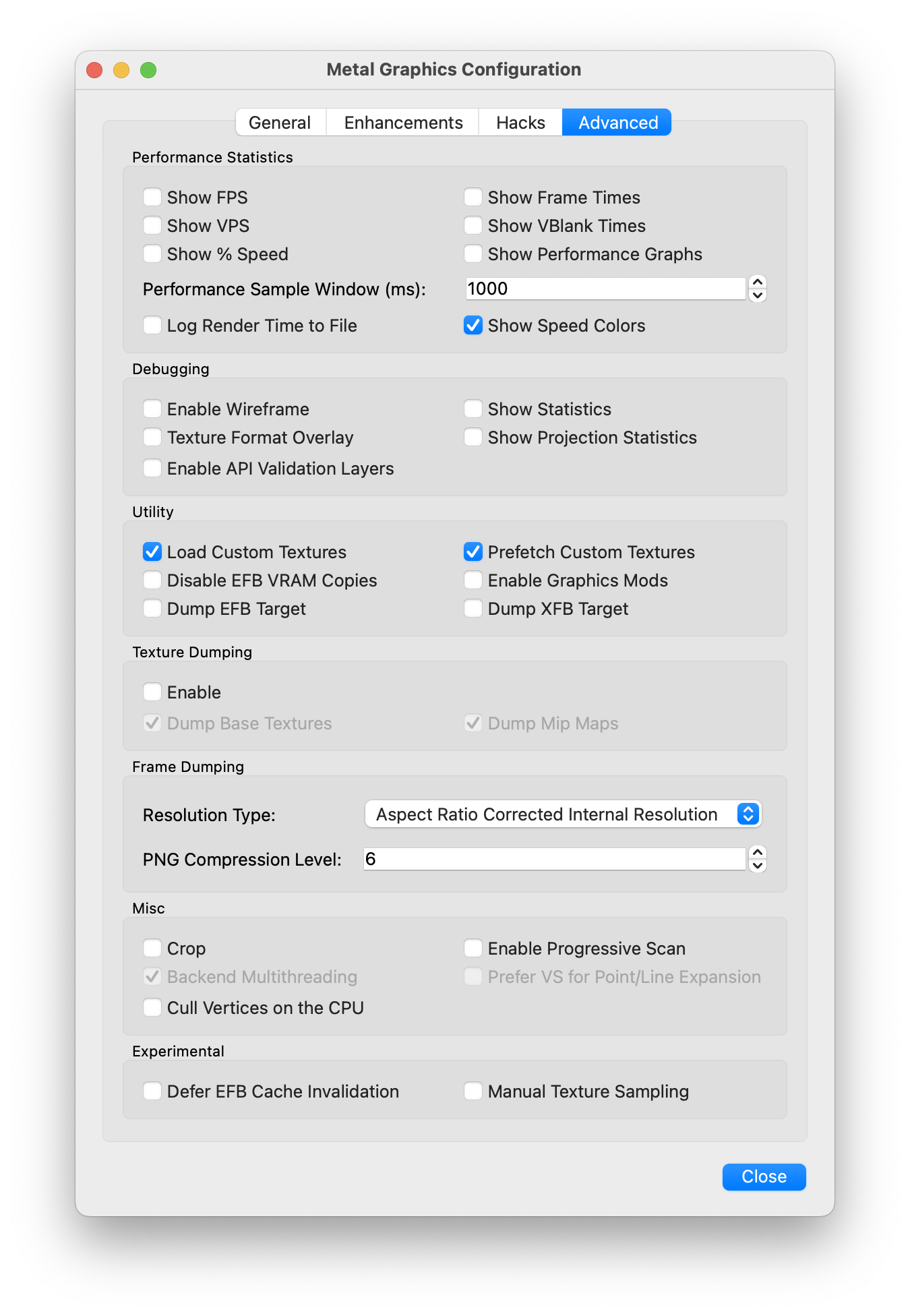 The graphics settings for the Dolphin emulator