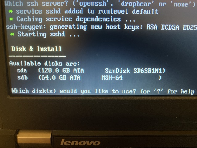 The Alpine Linux installer showing both disk options for installation destination