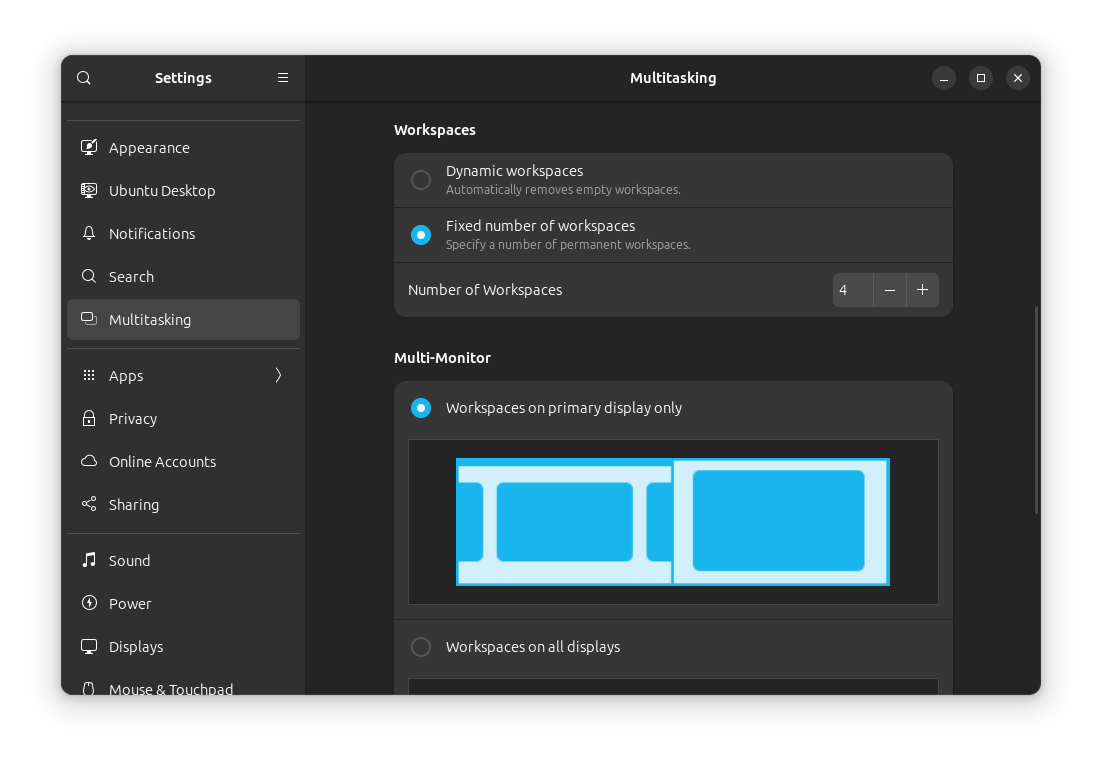 Screenshot of GNOME's Multitasking Settings GUI