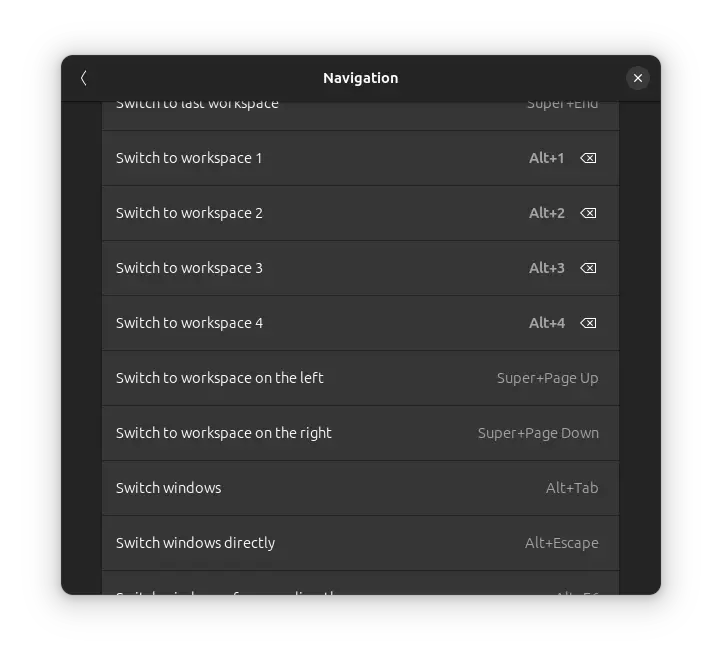 Screenshot of GNOME's keyboard shortcut GUI