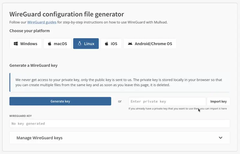 The initial view for generating the WireGuard key in Mullvad