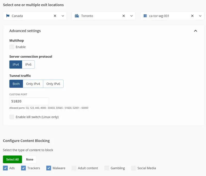 The web view showing detailed configuration options for the WireGuard settings