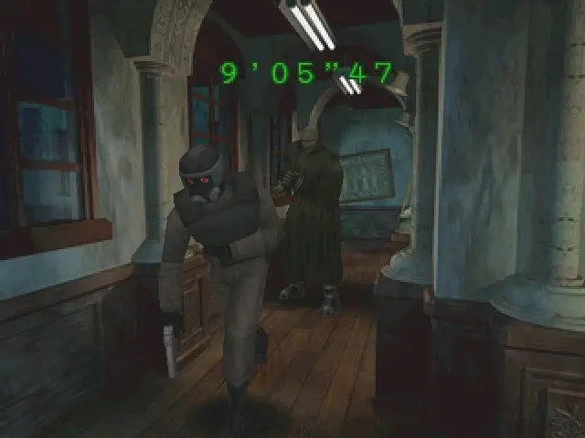 The player character in RE2 holding their stomach because of an injury