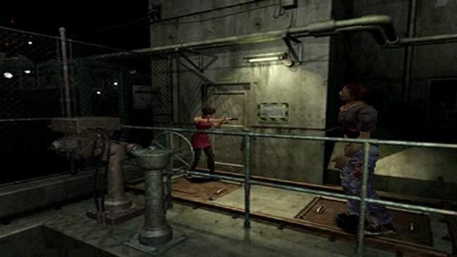 The player character aiming at a zombie in RE2