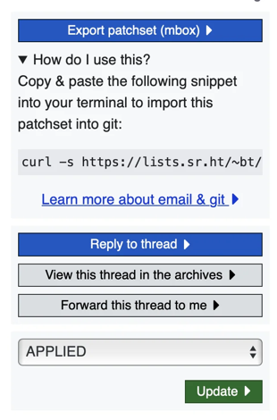 SourceHut's patch sidebar actions UI