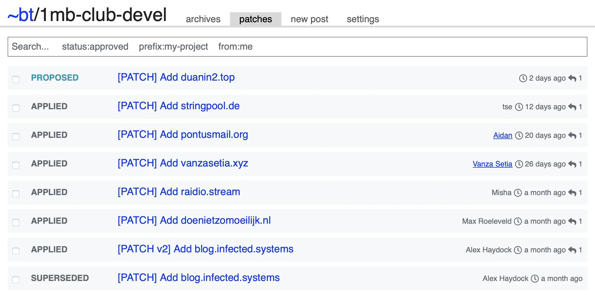 SourceHut's patch list view