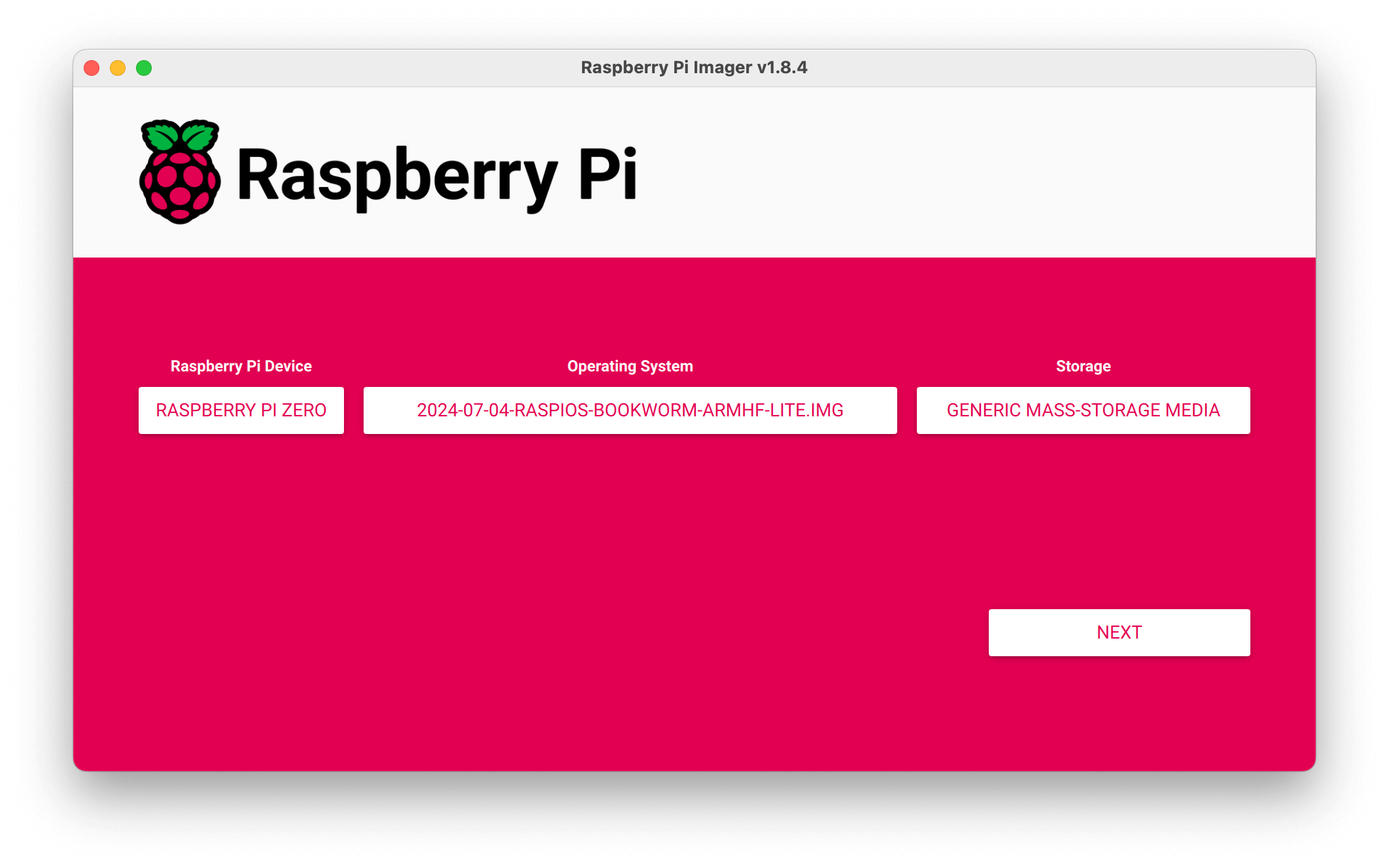 Raspberry Pi Imager showing the image and device output to write the files