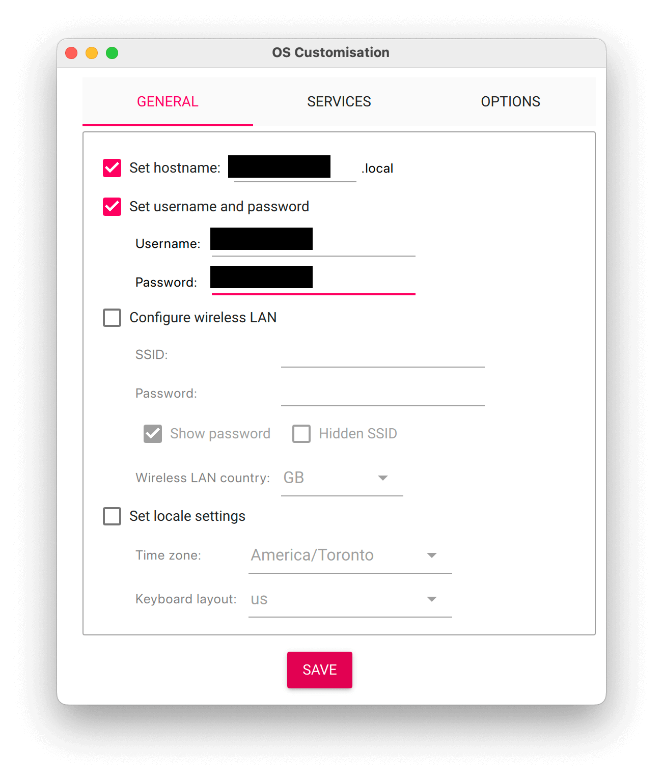 Raspberry Pi Imager showing customization options