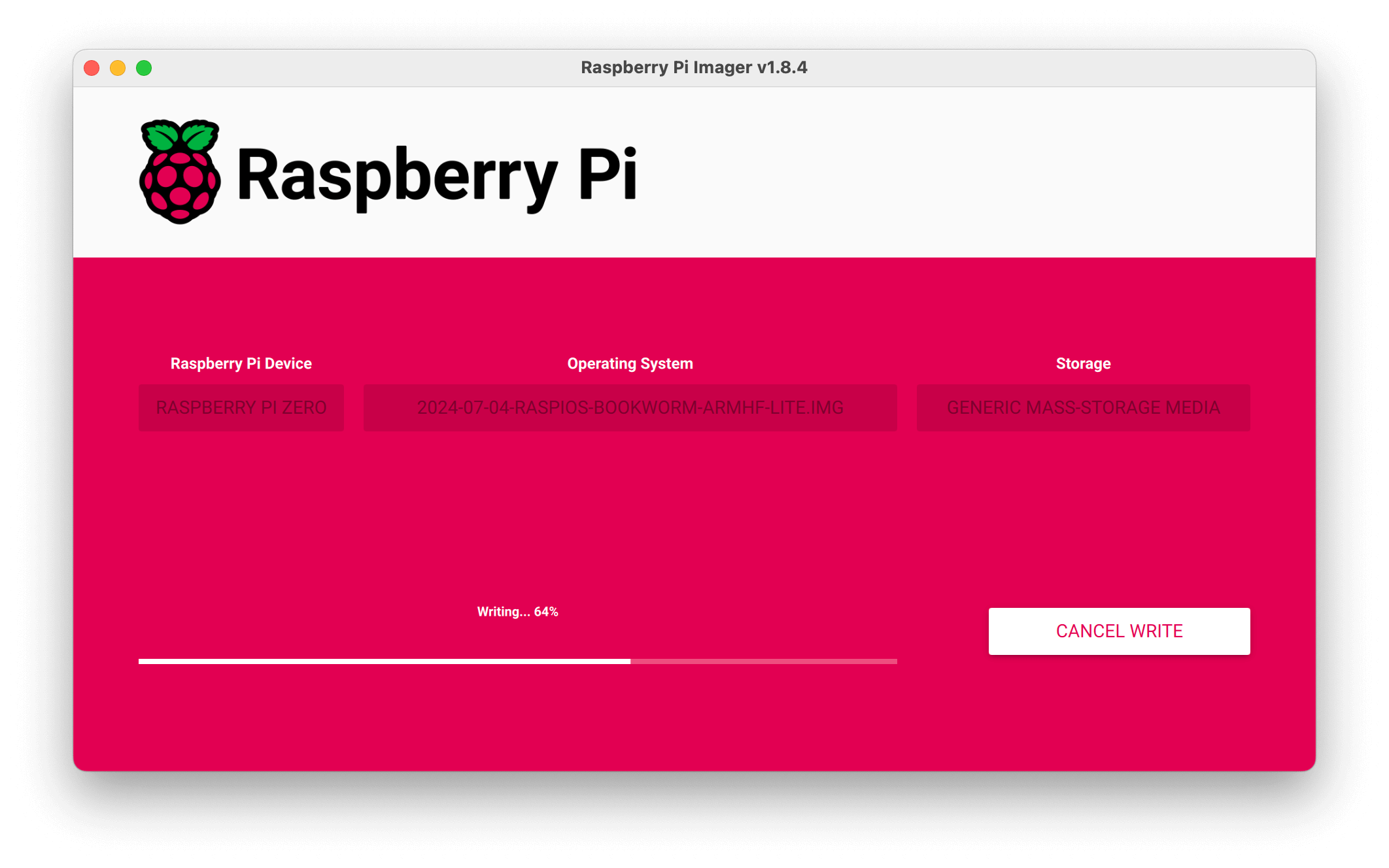 Raspberry Pi Imager writing the image to the microSD card